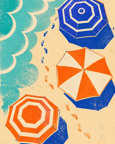 Four-color screenprint viewed above a summer beach with umbrellas and tide line