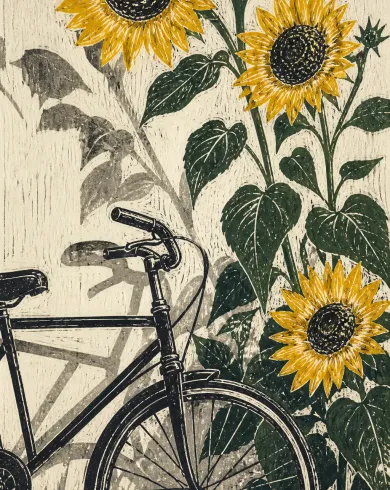 Two-color linocut of an old bicycle parked beside tall sunflowers