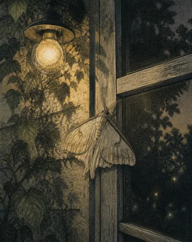 Lithograph-inspired image of a porch light, moth and dark garden on a summer night