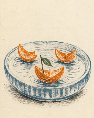 Hand-printed linocut artwork: Three tiny boats folded from orange peel cross a pale-blue ceramic basin, one leaf serving as a flag. The vertical composition preserves a clear subject and tactile handmade detail.