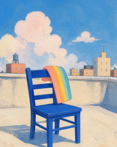 Gouache and graphite artwork: A cobalt chair on a rooftop keeps a short rainbow draped over its back after the rain. The vertical composition preserves a clear subject and tactile handmade detail.