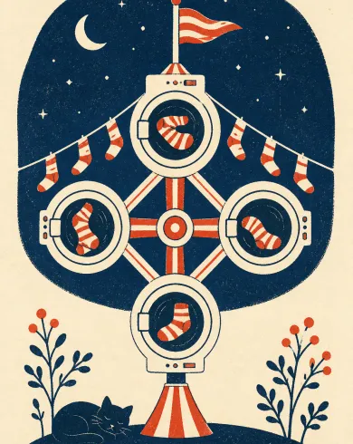 Hand-pulled screenprint artwork: Four round washer doors become a tiny carnival wheel, with turning socks acting as flags. The vertical composition preserves a clear subject and tactile handmade detail.
