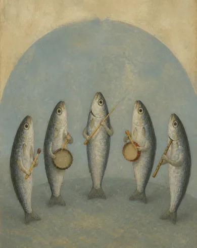 Egg tempera painting artwork: Five silver sardines rehearse in a semicircle with tiny instruments made from matchsticks and bottle caps. The vertical composition preserves a clear subject and tactile handmade detail.