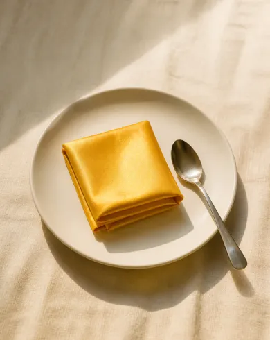Natural-light analog still-life photography artwork: A square of golden silk folded like a handkerchief sits on a white plate like saved morning sunlight. The vertical composition preserves a clear subject and tactile handmade detail.
