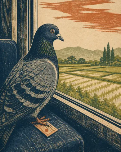Hand-printed woodcut artwork: A dignified city pigeon rides beside an open train window, its ticket tucked under one foot as rice fields pass. The vertical composition preserves a clear subject and tactile handmade detail.
