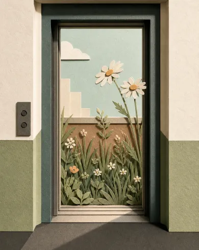 Layered paper shadowbox artwork: An old apartment elevator opens not onto a floor but onto a tiny rooftop meadow with daisies. The vertical composition preserves a clear subject and tactile handmade detail.