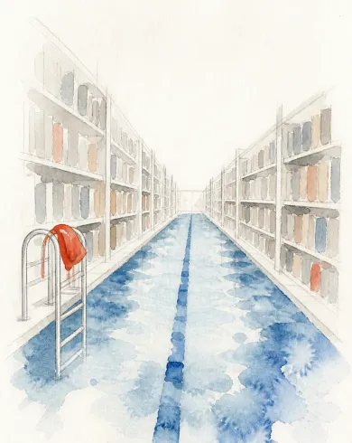 Watercolor and graphite artwork: A long blue swimming lane runs between bookshelves, with a red swim cap waiting beside the ladder. The vertical composition preserves a clear subject and tactile handmade detail.
