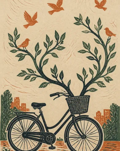Hand-pulled relief print / layered inks artwork showing a parked bicycle whose basket grows symmetrical leafy branches beneath passing birds. The vertical composition preserves a clear subject and tactile handmade detail.