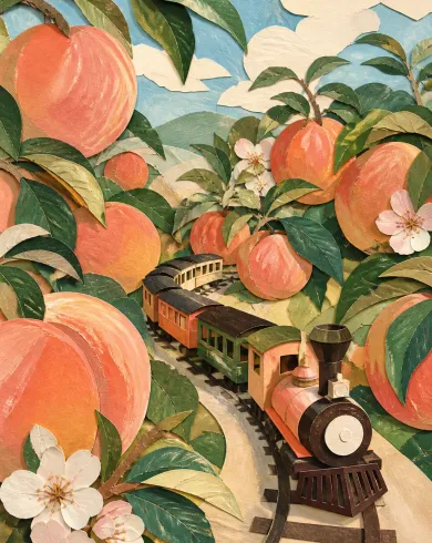 Handmade paper collage / dimensional assembly artwork showing a cut-paper train traveling through an orchard of oversized peaches and leaves. The vertical composition preserves a clear subject and tactile handmade detail.