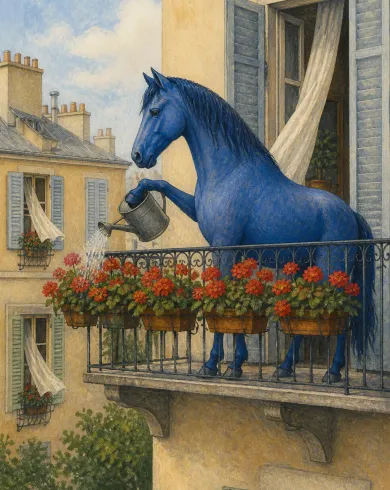 Opaque gouache / colored pencil artwork showing a blue horse watering rows of red flowers on an apartment balcony. The vertical composition preserves a clear subject and tactile handmade detail.