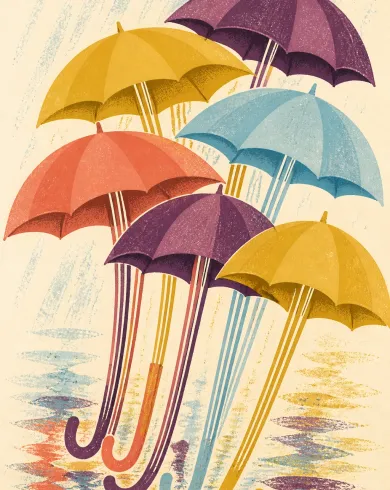 Hand-pulled relief print / layered inks artwork showing colorful overlapping umbrellas whose curved handles create the rhythm of an orchestra. The vertical composition preserves a clear subject and tactile handmade detail.