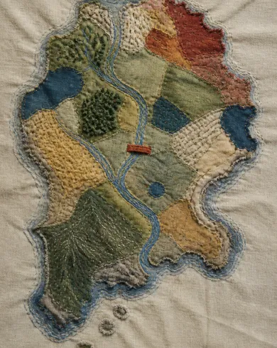 Handmade paper collage / dimensional assembly artwork showing a hand-sewn quilt forming an irregular island crossed by blue-thread rivers and a red bridge. The vertical composition preserves a clear subject and tactile handmade detail.