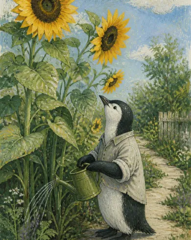 Opaque gouache / colored pencil artwork showing a penguin holding a green watering can among towering sunflowers. The vertical composition preserves a clear subject and tactile handmade detail.