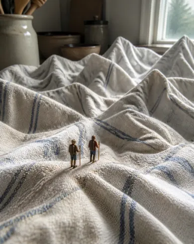 Natural-light analog photography / practical set artwork showing a wrinkled tea towel forming mountains as two miniature wooden hikers cross the ridge. The vertical composition preserves a clear subject and tactile handmade detail.