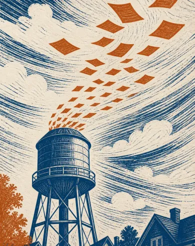 Hand-pulled relief print / layered inks artwork showing a city water tower releasing a flock of postcard-shaped birds into the wind. The vertical composition preserves a clear subject and tactile handmade detail.