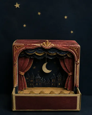 Handmade paper collage / dimensional assembly artwork showing an open matchbox containing a miniature paper theatre with a moon suspended by thread. The vertical composition preserves a clear subject and tactile handmade detail.