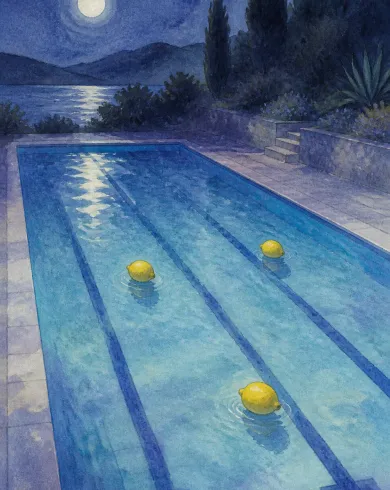 Opaque gouache / colored pencil artwork showing three lemons floating in separate long lanes of a deep-blue moonlit pool. The vertical composition preserves a clear subject and tactile handmade detail.