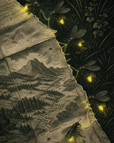Hand-pulled relief print / layered inks artwork showing fireflies lining the tear of an old map and mending the paper with luminous thread. The vertical composition preserves a clear subject and tactile handmade detail.