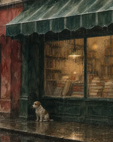 Opaque gouache / colored pencil artwork showing a small dog waiting beneath the awning of a secondhand bookstore during summer rain. The vertical composition preserves a clear subject and tactile handmade detail.
