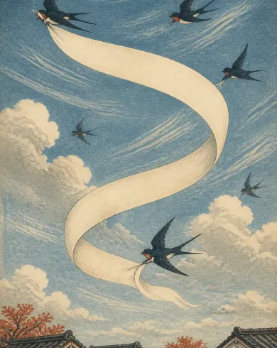Hand-pulled relief print / layered inks artwork showing swallows carrying a long blank ribbon across the sky above tiled roofs. The vertical composition preserves a clear subject and tactile handmade detail.