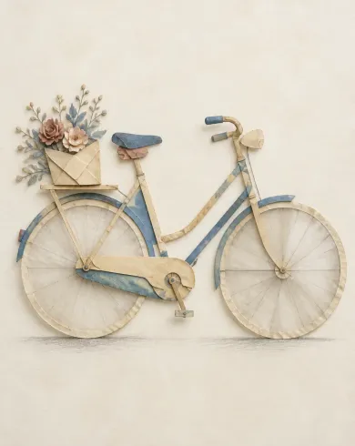 Handmade paper collage / dimensional assembly artwork showing a bicycle assembled from old envelopes and tracing paper with a small bouquet on the rear rack. The vertical composition preserves a clear subject and tactile handmade detail.
