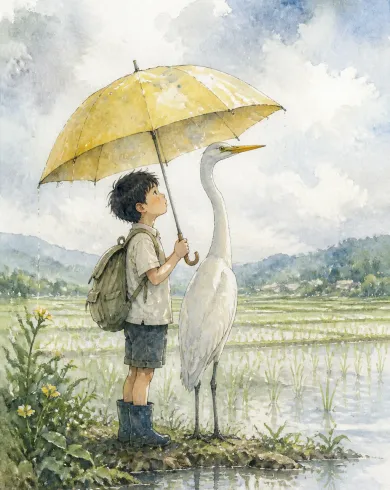 Mixed-media painting on paper artwork depicting a boy and a tall white heron sharing one yellow umbrella beside a flooded field. The vertical composition keeps the subject clear with tactile material and natural-light detail.