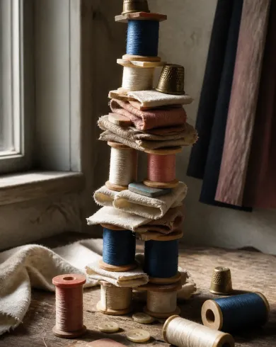 Still-life and lifestyle photography / natural light artwork depicting wooden spools, folded fabric, tailor chalk and brass thimbles balanced into a tower. The vertical composition keeps the subject clear with tactile material and natural-light detail.