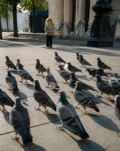 Still-life and lifestyle photography / natural light artwork depicting a large flock of pigeons walking together across a sunlit plaza as a child watches. The vertical composition keeps the subject clear with tactile material and natural-light detail.