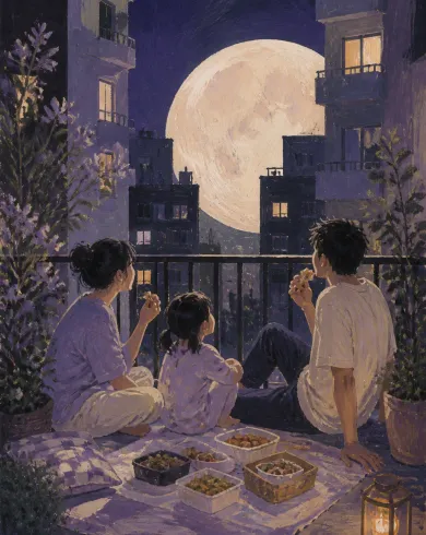 Mixed-media painting on paper artwork depicting a family sharing a simple balcony picnic as a huge pale moon rises between buildings. The vertical composition keeps the subject clear with tactile material and natural-light detail.