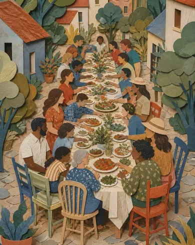 Handmade paper collage / dimensional assembly artwork depicting an entire neighborhood sharing dinner along both sides of one very long outdoor table. The vertical composition keeps the subject clear with tactile material and natural-light detail.
