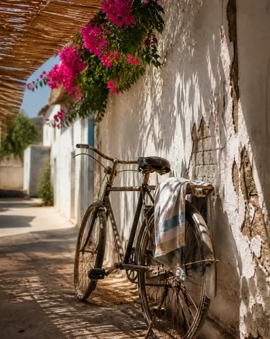 Still-life and lifestyle photography / natural light artwork depicting a weathered bicycle parked beneath woven bamboo shade with a striped towel drying on its rack. The vertical composition keeps the subject clear with tactile material and natural-light detail.