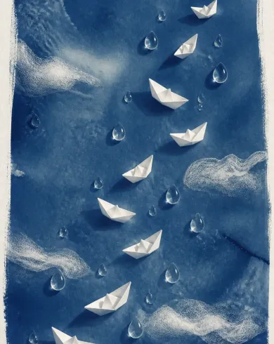 Sun-exposed cyanotype / cotton rag paper artwork depicting ten paper boats and raindrop-shaped glass pieces mapping changing weather in cyanotype. The vertical composition keeps the subject clear and preserves authentic craft texture.