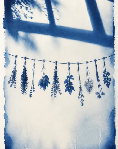 Sun-exposed cyanotype / cotton rag paper artwork depicting ten herbs, twine and an old window-frame edge preserving afternoon light in cyanotype. The vertical composition keeps the subject clear and preserves authentic craft texture.