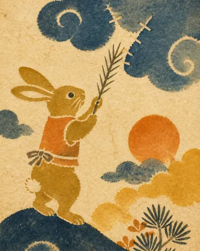 Katazome stencil dye on handmade washi artwork “Rabbit Mends a Cloud,” balancing the subject with negative space and authentic katazome marks.