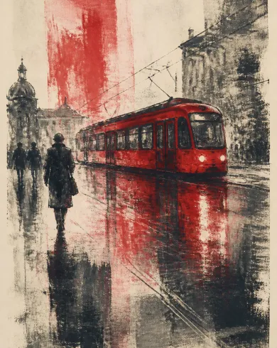 Oil-ink monotype on cotton paper artwork “Red Tram After Rain,” balancing the subject with negative space and authentic monotype marks.