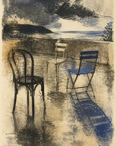 Oil-ink monotype on cotton paper artwork “Three Chairs After Rain,” balancing the subject with negative space and authentic monotype marks.