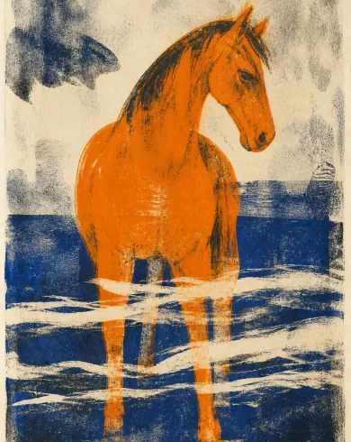 Oil-ink monotype on cotton paper artwork “Orange Horse, Cobalt Shore,” balancing the subject with negative space and authentic monotype marks.