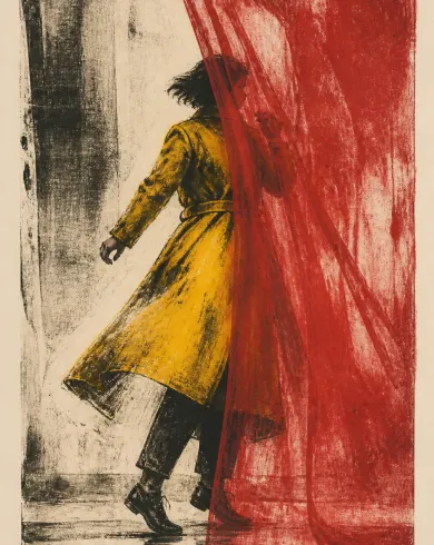 Oil-ink monotype on cotton paper artwork “Dancer Behind the Red Curtain,” balancing the subject with negative space and authentic monotype marks.