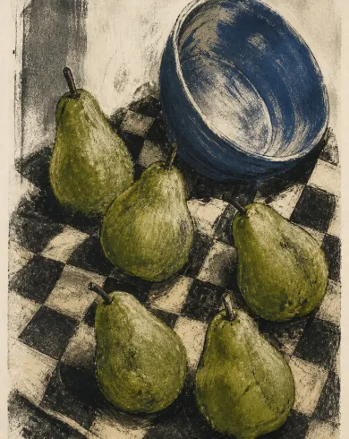 Oil-ink monotype on cotton paper artwork “Pears on Checks,” balancing the subject with negative space and authentic monotype marks.