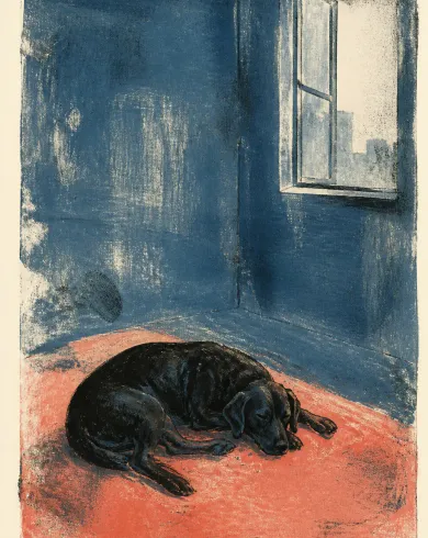 Oil-ink monotype on cotton paper artwork “Black Dog in a Blue Room,” balancing the subject with negative space and authentic monotype marks.