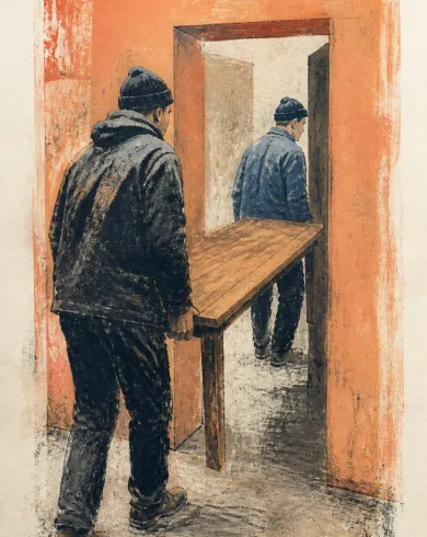 Oil-ink monotype on cotton paper artwork “Table Through the Narrow Door,” balancing the subject with negative space and authentic monotype marks.