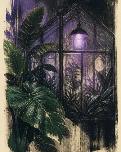 Oil-ink monotype on cotton paper artwork “Greenhouse in Night Fog,” balancing the subject with negative space and authentic monotype marks.