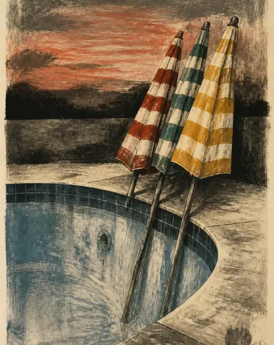 Oil-ink monotype on cotton paper artwork “Umbrellas by the Empty Pool,” balancing the subject with negative space and authentic monotype marks.