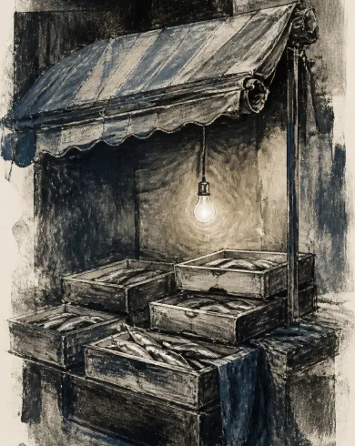 Oil-ink monotype on cotton paper artwork “Market Lights Down,” balancing the subject with negative space and authentic monotype marks.