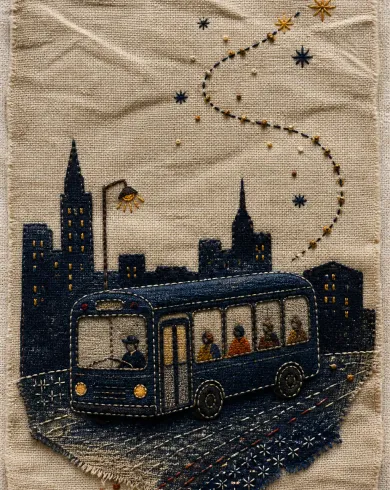 Hand embroidery and fabric appliqué artwork “Night Bus on a Star Route,” balancing the subject with negative space and authentic embroidery & appliqué marks.