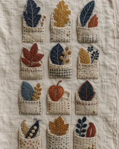Hand embroidery and fabric appliqué artwork “Pocket Seed Library,” balancing the subject with negative space and authentic embroidery & appliqué marks.