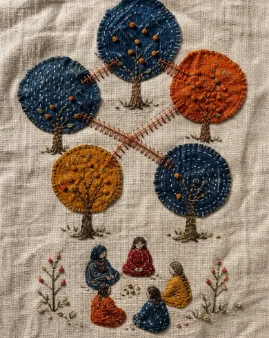 Hand embroidery and fabric appliqué artwork “Mending the Orange Grove,” balancing the subject with negative space and authentic embroidery & appliqué marks.