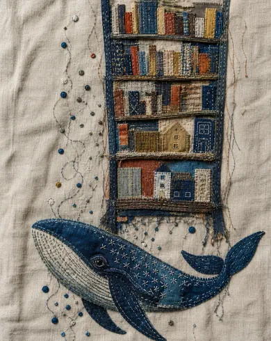 Hand embroidery and fabric appliqué artwork “Whale Beneath the Shelves,” balancing the subject with negative space and authentic embroidery & appliqué marks.