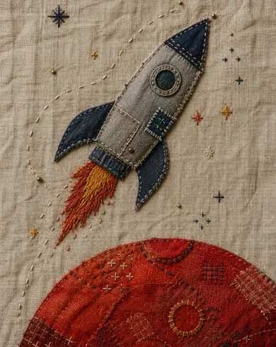 Hand embroidery and fabric appliqué artwork “Patchwork Rocket,” balancing the subject with negative space and authentic embroidery & appliqué marks.