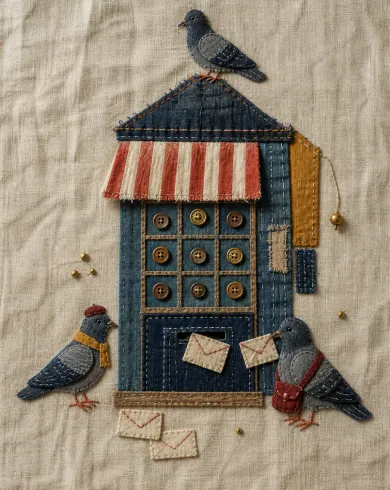 Hand embroidery and fabric appliqué artwork “Pigeon Post Office,” balancing the subject with negative space and authentic embroidery & appliqué marks.